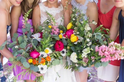 Bride and Bridesmaid matching bouquets, spring colors