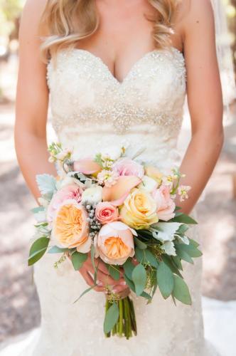 Rose wedding bouquet, peach, white, pink roses
